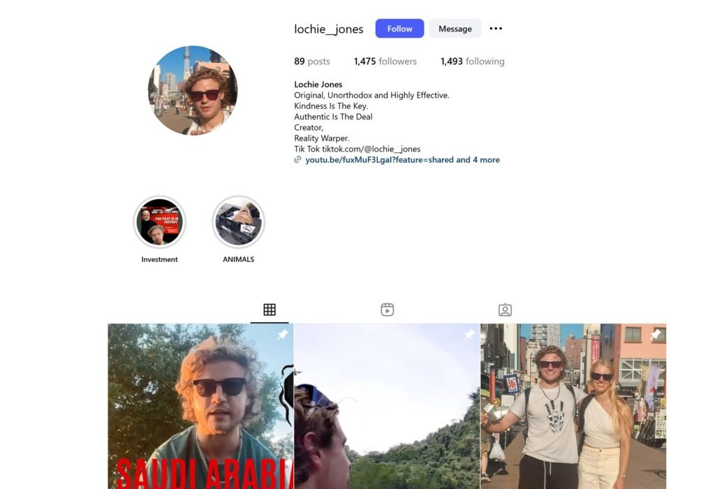 Screenshot of Lochie Jones’ Instagram profile showing his bio, follower count, and recent posts.