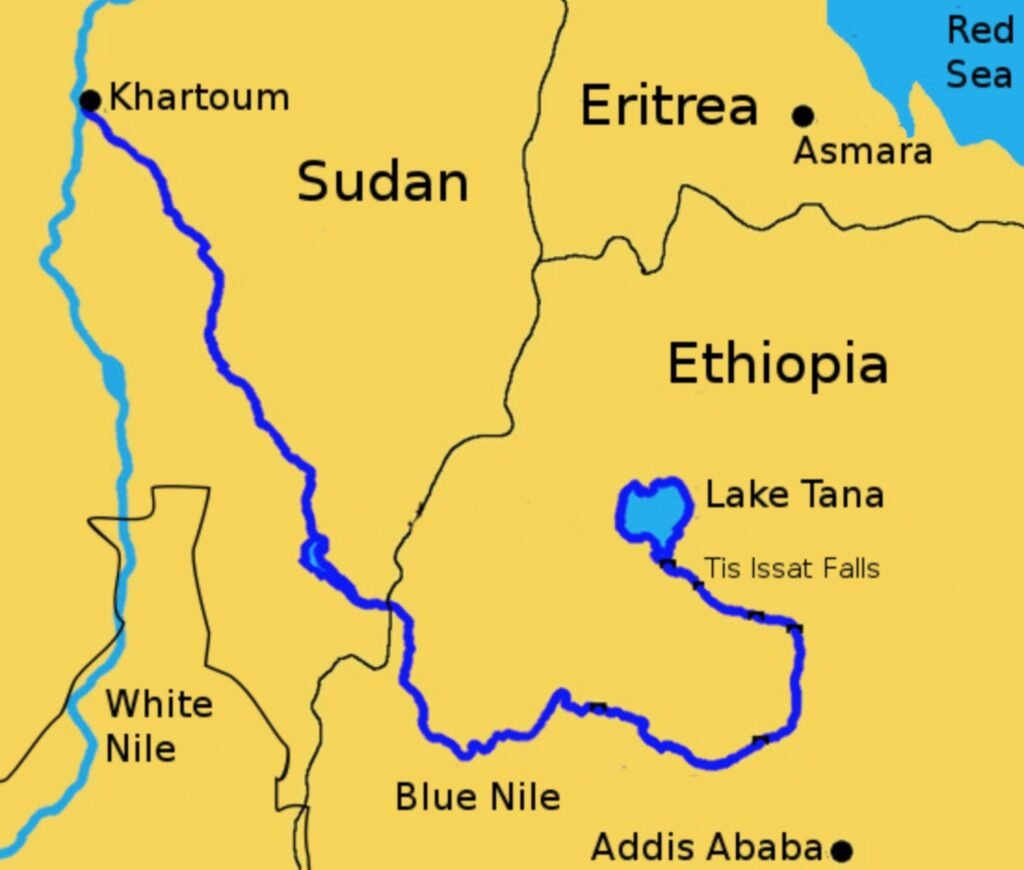 Map showing the course of the Blue Nile River from Lake Tana in Ethiopia through Sudan to its confluence with the White Nile in Khartoum