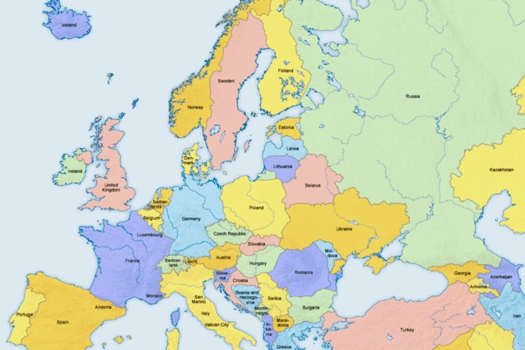 Political map of Europe showing all countries and their borders in 2025.