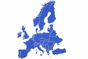 Blue map illustration of Europe showing country borders in 2025.