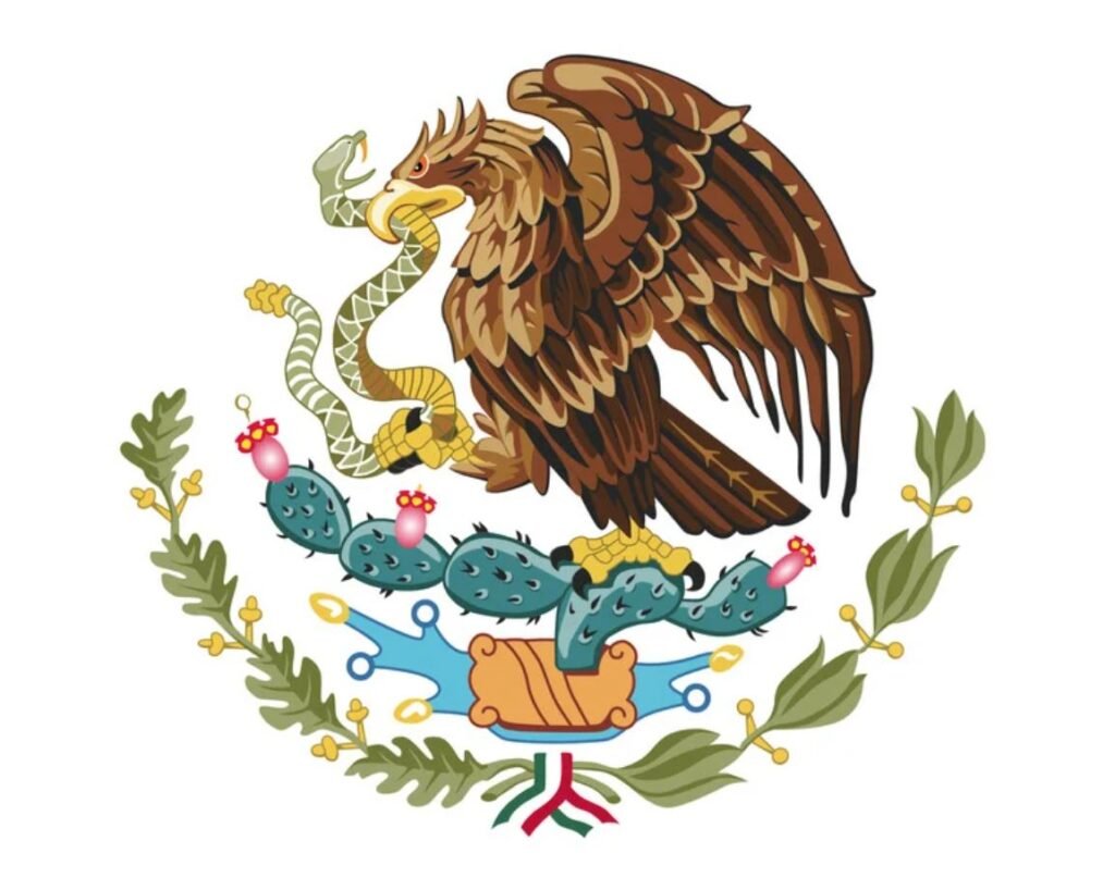 The coat of arms of Mexico showing an eagle devouring a snake while perched on a cactus, symbolizing the Aztec legend of Tenochtitlán.