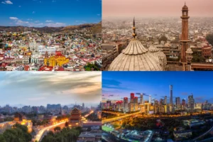 Skyline and city views representing the most populated countries in the world in 2025