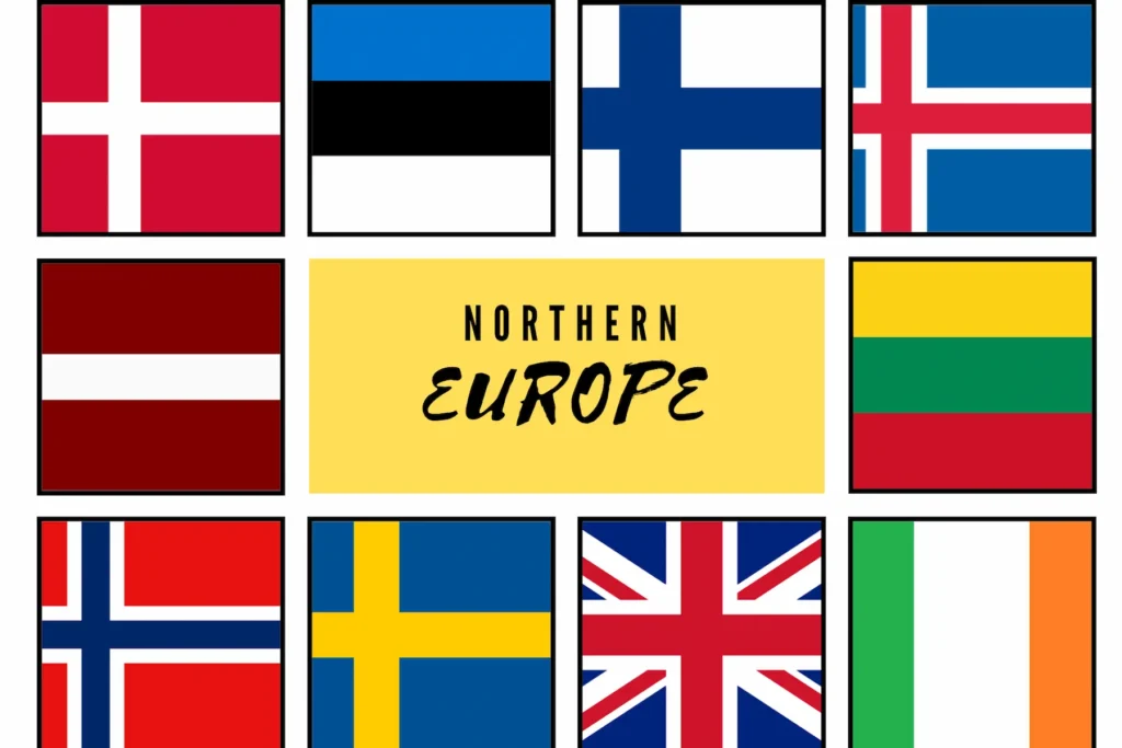 Flags of Northern European countries including Denmark, Estonia, Finland, Iceland, Latvia, Lithuania, Norway, Sweden, Ireland, and the United Kingdom.