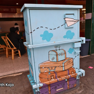 Painted street utility box in Kuala Lumpur with artistic designs
