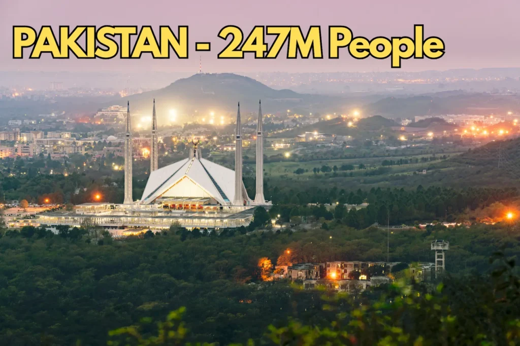Pakistan population 2025 with 247 million people, Islamabad city at sunset