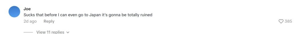 A racist TikTok comment where a user complains that Japan will be “totally ruined” before they can visit.