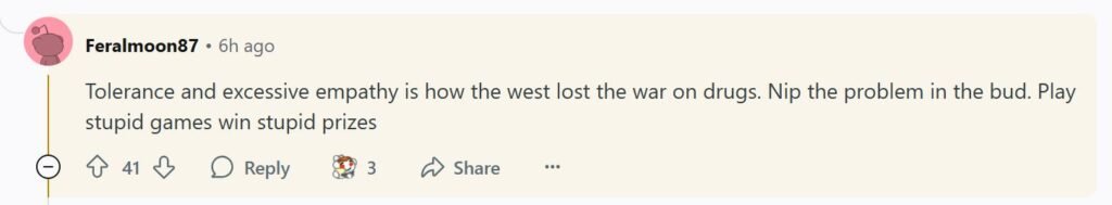 Screenshot of a Reddit comment discussing Singapore’s strict drug laws compared to the West.