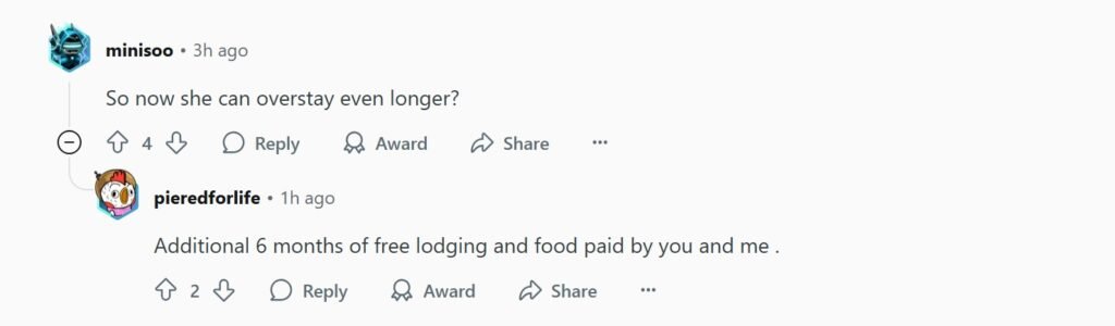 Screenshot of Reddit comments reacting to Yu Zefang’s 28-year overstay case in Singapore.