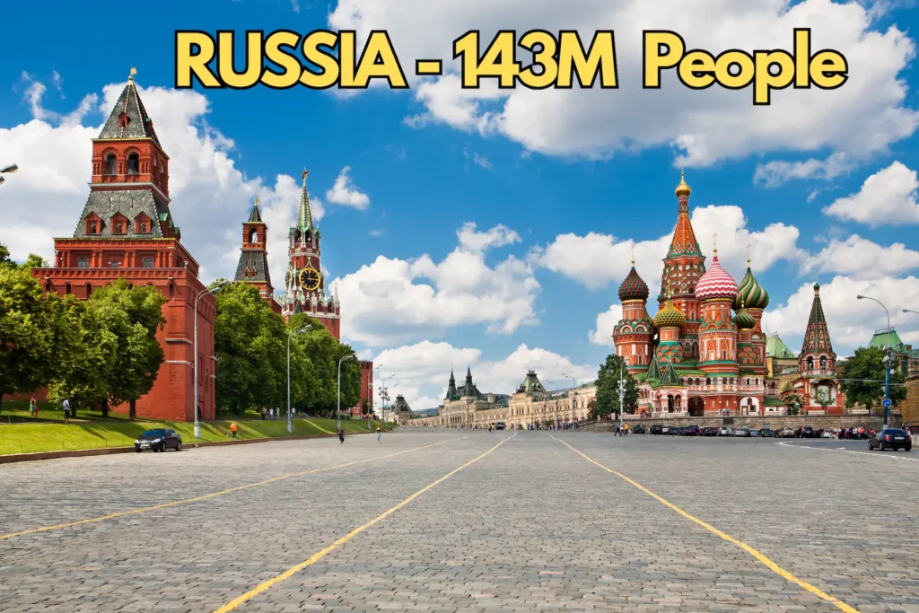 Russia population 2025 with 143 million people, Moscow Red Square