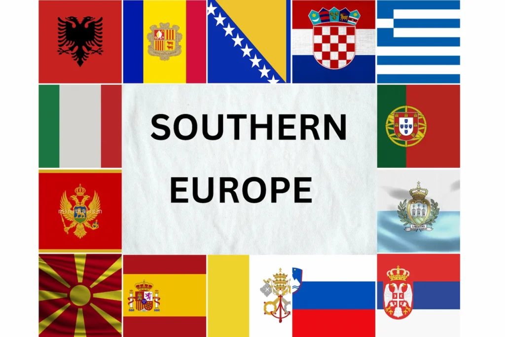 Flags of Southern European countries including Italy, Spain, Portugal, Greece, Croatia, Bosnia and Herzegovina, Albania, and others.