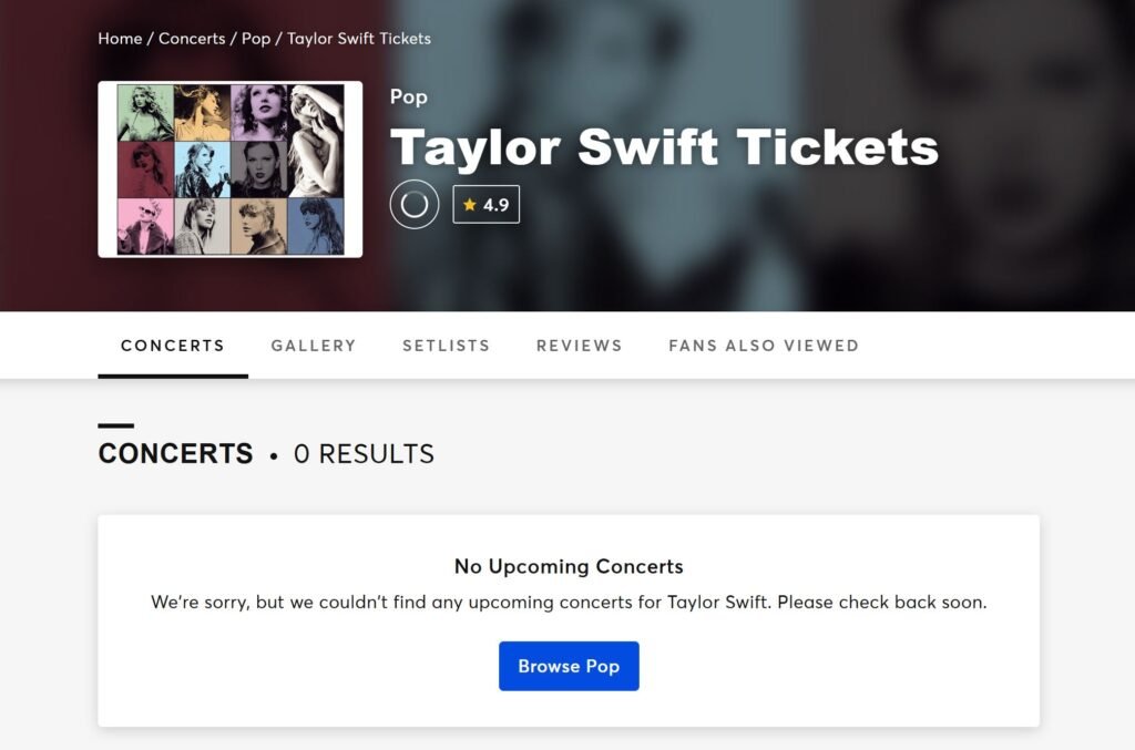 Ticketmaster page showing no upcoming Taylor Swift concerts for 2025