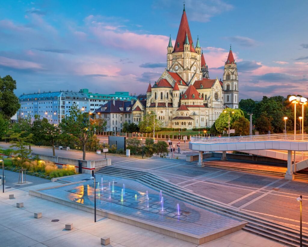 Scenic view of St. Francis of Assisi Church in Vienna, Austria at sunset, a highlight of the Eurovision 2026 host city