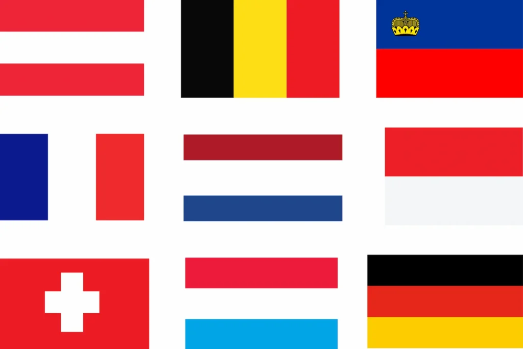 Flags of Western European countries including France, Germany, Belgium, Switzerland, Austria, and others.