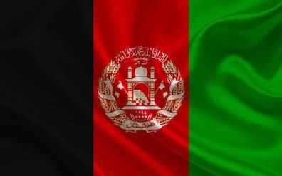 Flag of Afghanistan with black, red, and green vertical stripes and national emblem in the center.