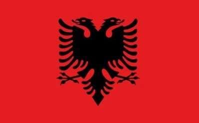 Flag of Albania with a black double-headed eagle on a red background.