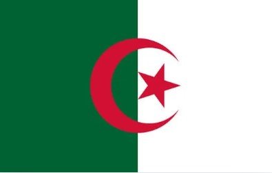 Flag of Algeria with green and white halves and a red crescent and star.