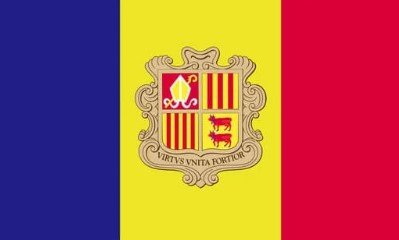 Flag of Andorra with blue, yellow, and red vertical stripes and a coat of arms.