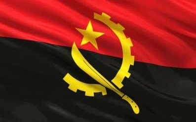 Flag of Angola with red and black halves and a yellow emblem of a half gear and star.