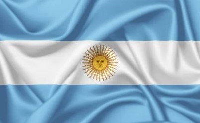 Flag of Argentina with light blue and white stripes and a yellow sun in the center.