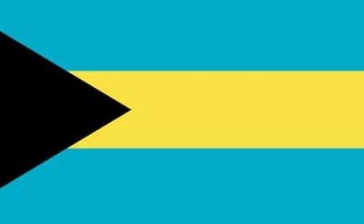 Flag of the Bahamas with black triangle and aquamarine and yellow stripes.