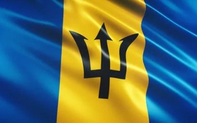 Flag of Barbados with blue and gold stripes and a black trident.