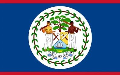 Flag of Belize with blue and red borders and a national coat of arms in the center.