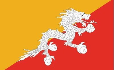 Flag of Bhutan with a white dragon on yellow and orange background.