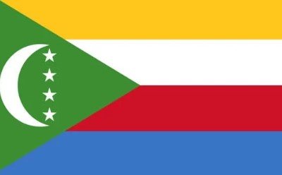 Flag of Comoros with yellow, white, red, and blue stripes and green triangle.