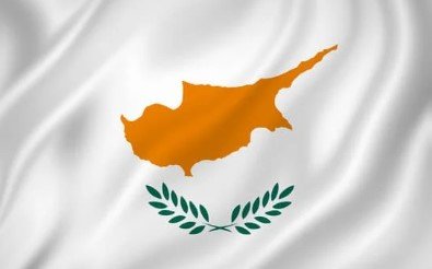 Flag of Cyprus with copper-colored island and olive branches on white background.