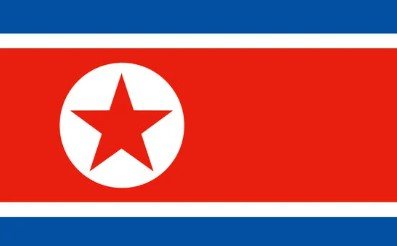 Flag of North Korea with red field, blue borders, and white star in circle.