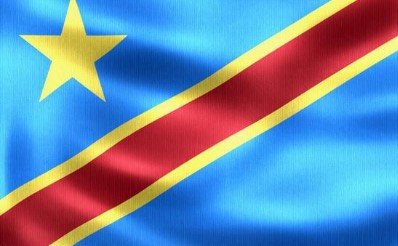 Flag of the Democratic Republic of the Congo with blue field, yellow star, and red diagonal stripe bordered in yellow.