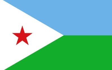 Flag of Djibouti with light blue and green stripes and white triangle with red star.