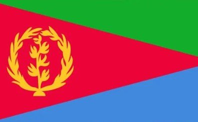Flag of Eritrea with green, blue, and red triangles and gold olive branch emblem.
