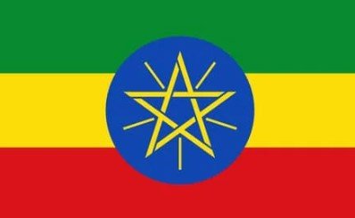 Flag of Ethiopia with green, yellow, and red horizontal stripes and blue emblem.