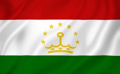 Flag of Tajikistan with red, white, and green stripes and gold crown and stars.