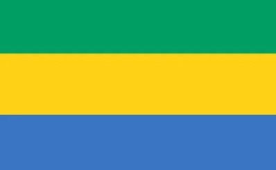 Flag of Gabon with green, yellow, and blue horizontal stripes.