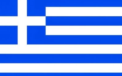 Flag of Greece with blue and white stripes and a white cross on a blue square.