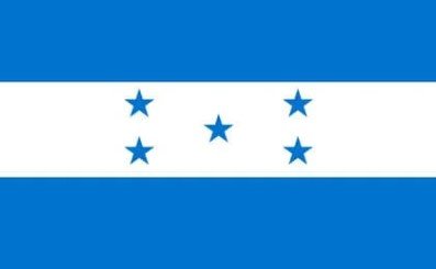 Flag of Honduras with blue and white horizontal stripes and five blue stars.