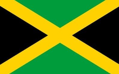 Flag of Jamaica with gold diagonal cross dividing green and black sections.