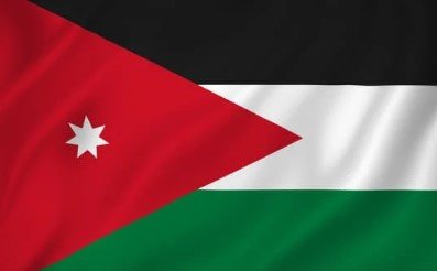 Flag of Jordan with black, white, and green stripes and red triangle containing white star.