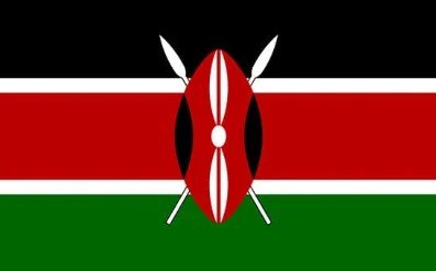 Flag of Kenya with black, red, and green stripes and Maasai shield and spears.