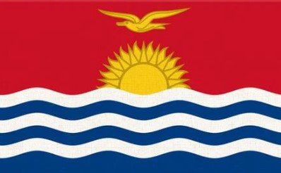 Flag of Kiribati with red upper field, yellow sun, and bird above blue and white waves.