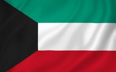 Flag of Kuwait with green, white, and red horizontal stripes and black trapezoid.