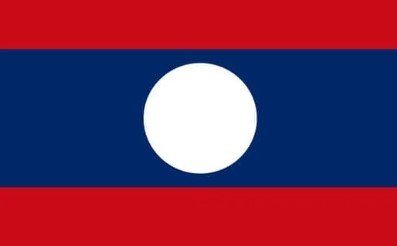 Flag of Laos with red, blue, and red stripes and white circle in the center.