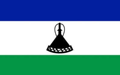 Flag of Lesotho with blue, white, and green stripes and black Basotho hat emblem.