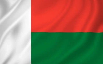 Flag of Madagascar with white vertical stripe and red and green horizontal bands.