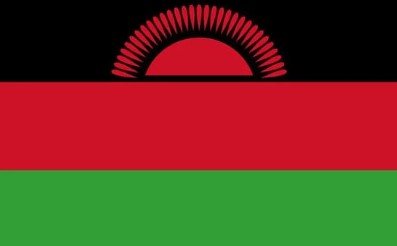 Flag of Malawi with black, red, and green horizontal stripes and red rising sun.