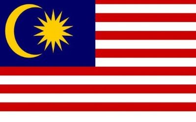 Flag of Malaysia with red and white stripes, blue canton, crescent, and yellow star.