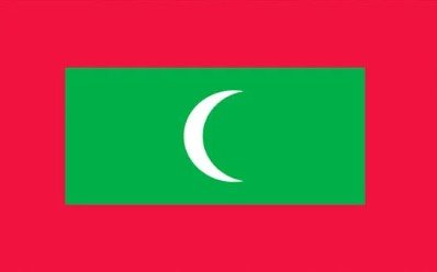 Flag of Maldives with red field, green rectangle, and white crescent moon.