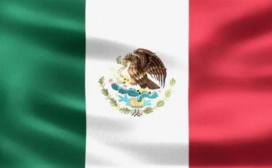 Flag of Mexico with green, white, and red vertical stripes and national coat of arms.